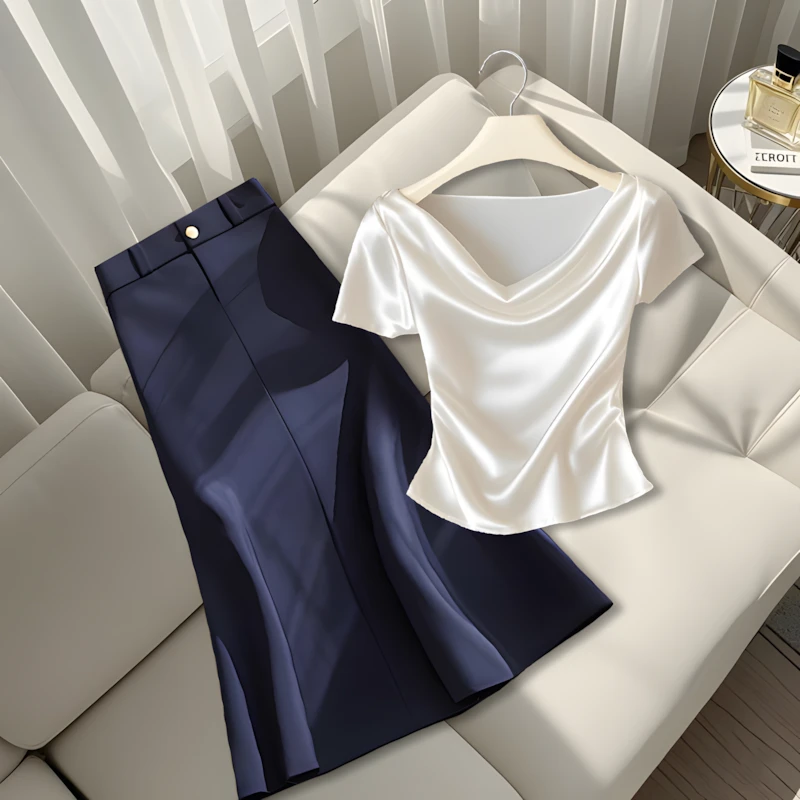2025夏季新款知性风温柔女装洋气时尚漂亮百搭上衣高腰显瘦半身裙