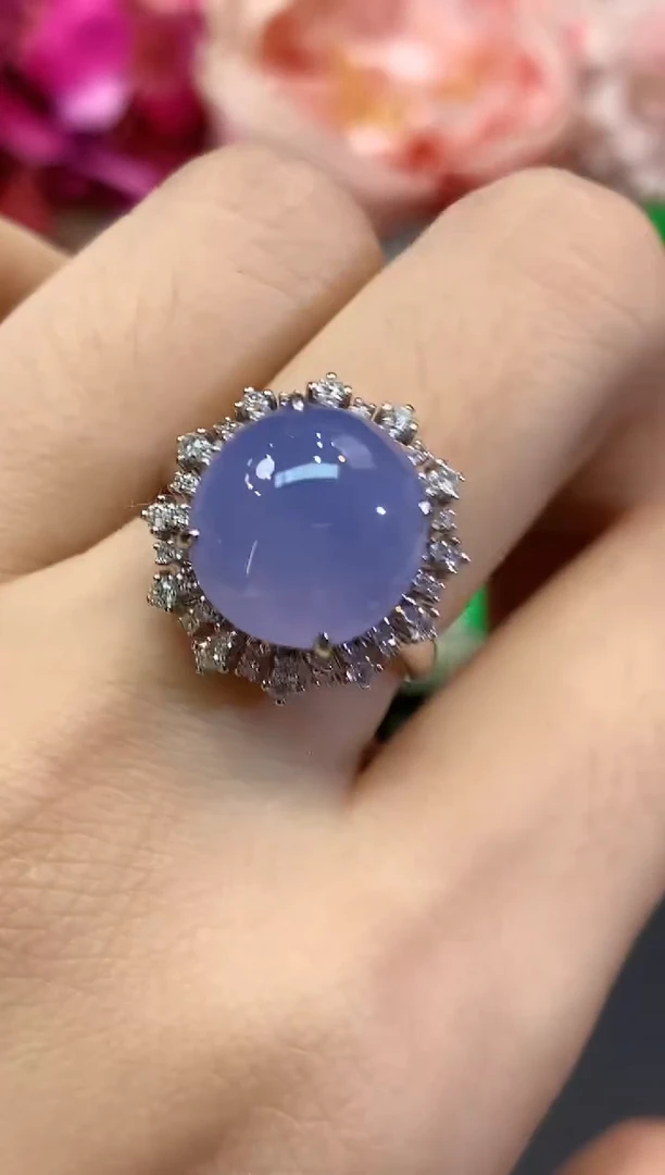 18K金镶嵌戒指翡翠B309 紫货有色差