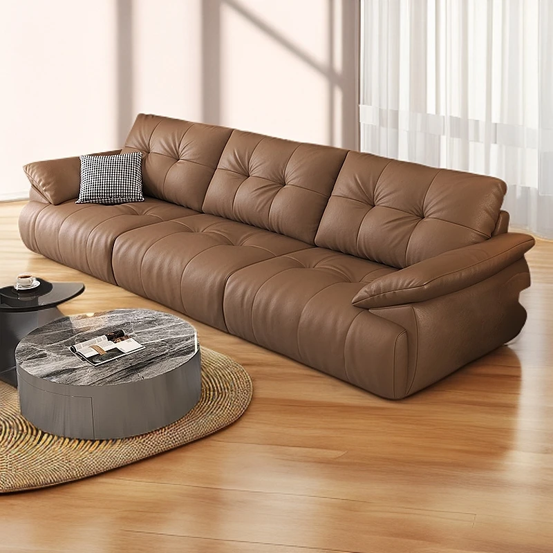 棕色面包云朵真皮沙发客厅大户型轻奢简约直排沙发皮艺头层牛皮