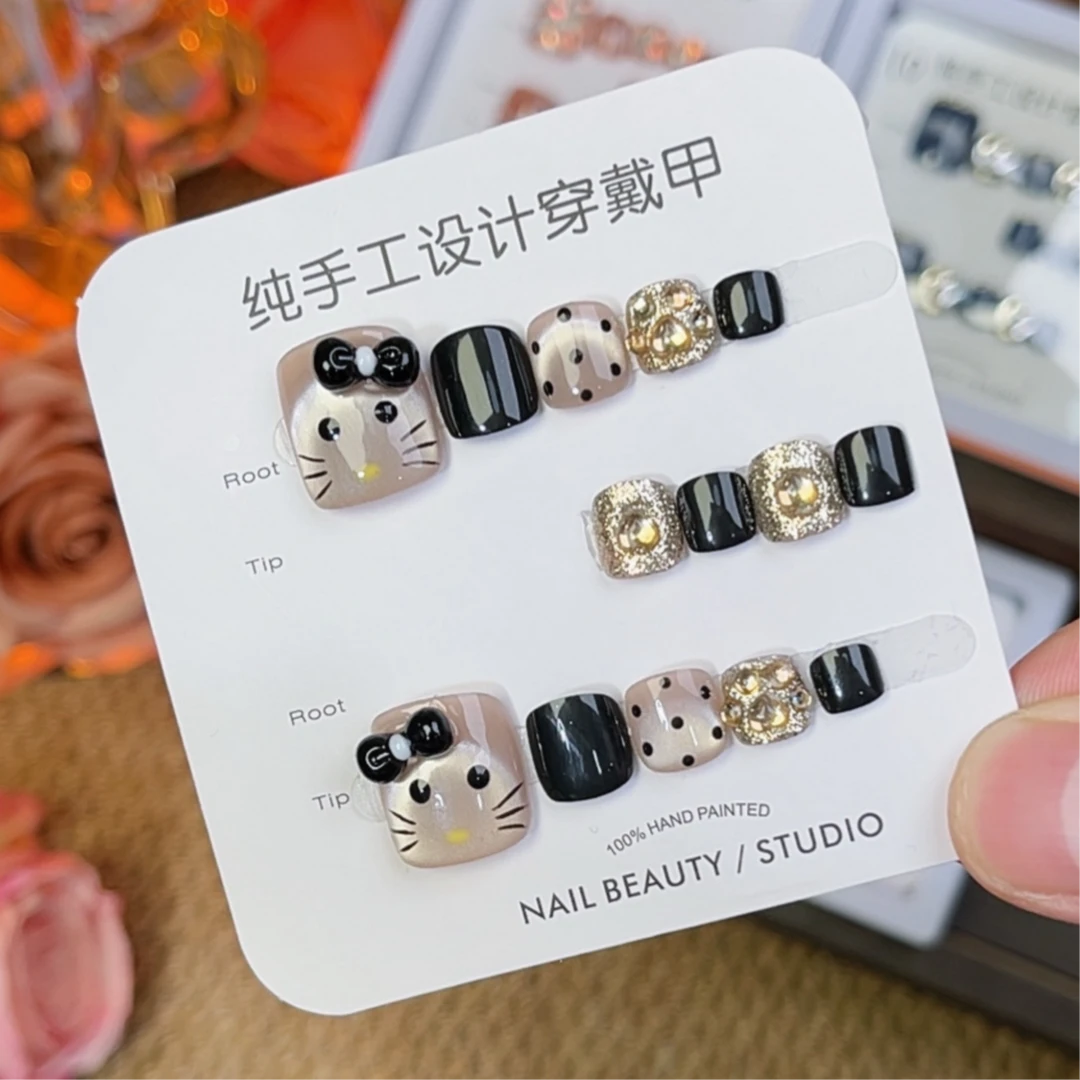【KT猫】14片可爱波点猫眼闪粉高端手工脚趾甲镀晶封层nails
