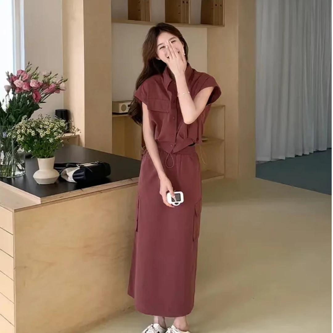 时尚工装套装女收腰减龄无袖衬衫上衣高腰半身裙两件套2486(A9-2)
