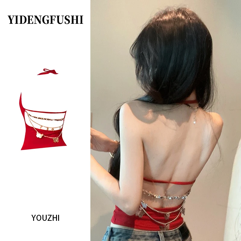 YIDENG链条红色挂脖吊带背心女夏季泰式辣妹性感露背抹胸独特上衣