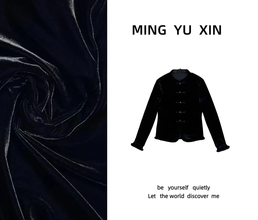 【铭雨鑫】秋冬款韩国绒新中式女装上衣黑色重工立领貂毛上衣