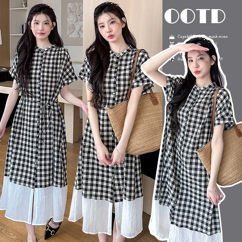 时髦孕妇装新款2025夏新品文艺复古格子拼接连衣裙宽松休闲衬衫裙