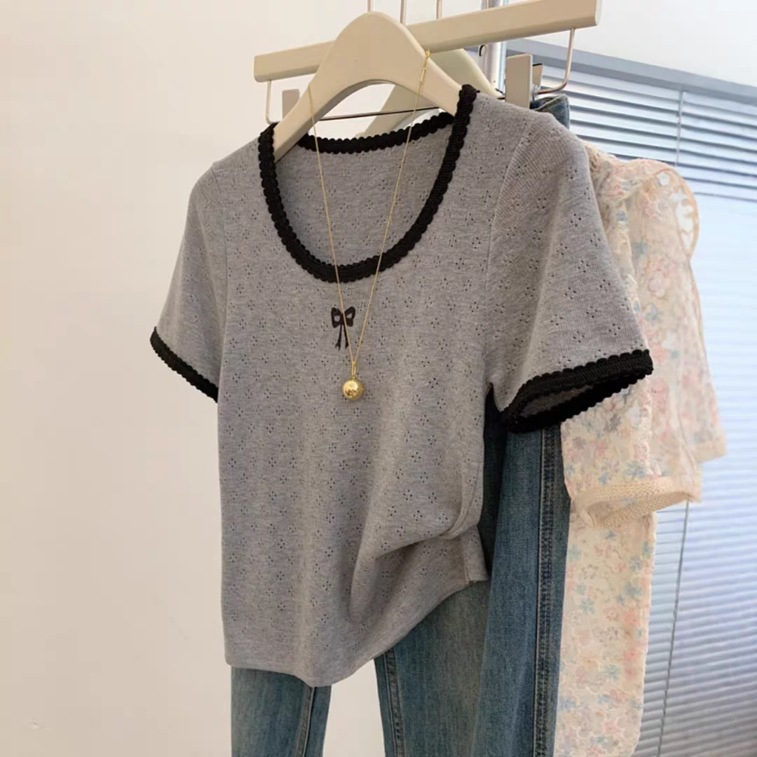 大码女装花边领刺绣冰丝针织衫女镂空设计感宽松遮肉显瘦#2515