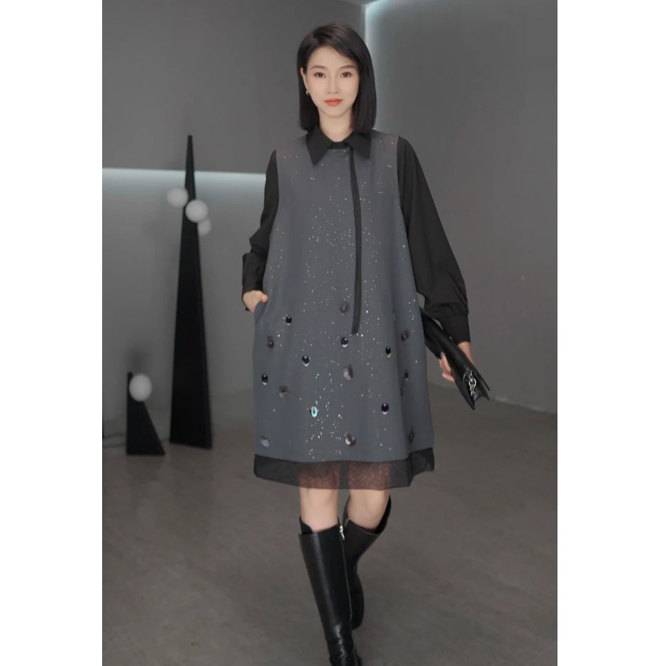 鑫鑫春夏季简约背心裙钉珠亮片轻奢宽松立体花朵无袖连衣裙2087