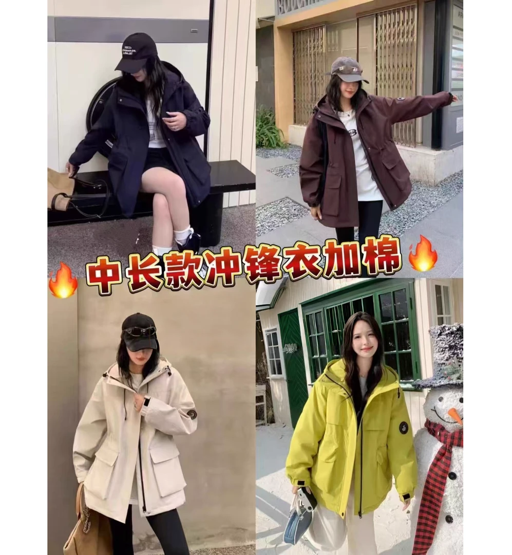 YB家冬季新款女装休闲长袖保暖女士中长款加棉冲锋衣外套YB8850