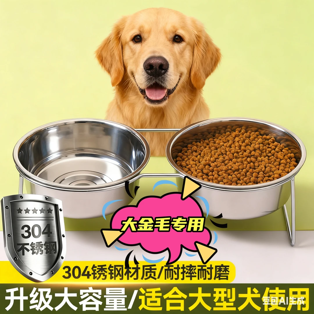 【大金毛大型犬专用】304不锈钢大型加厚大容量狗狗饭碗防滑耐摔碗