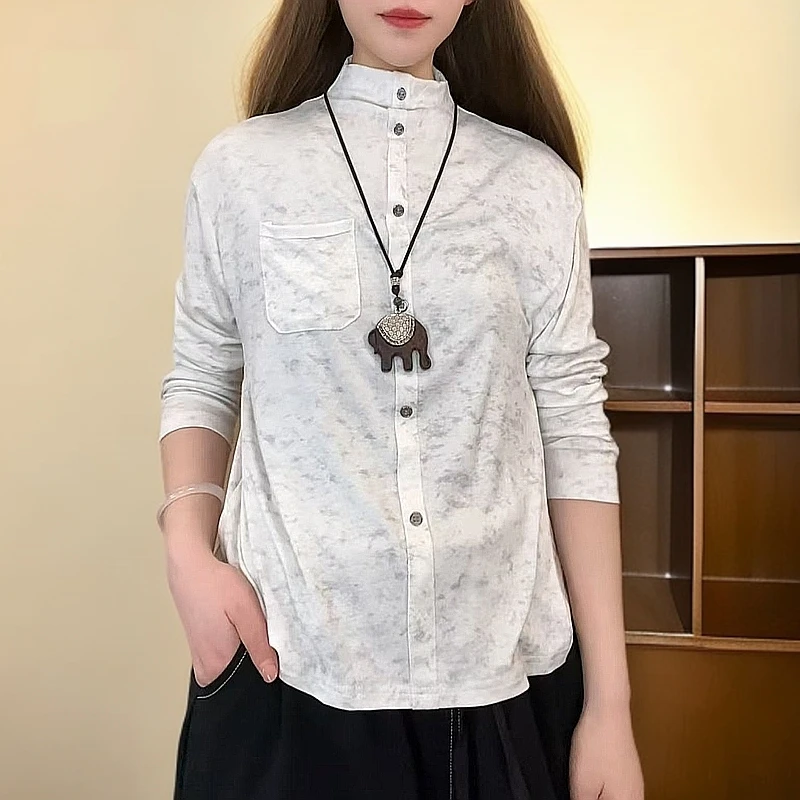 长袖里料女士衬衫春季新款宽松上衣印花小衫新中式衬衣女