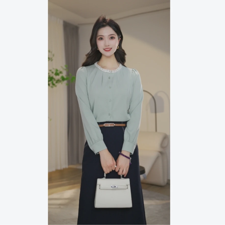【婷婷甄选】流光风8591106薄荷绿圆领设计衬衫女士气质高级百搭