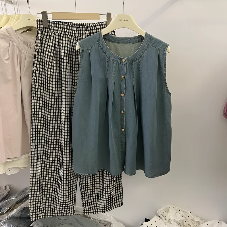 夏季穿搭一整套港风牛仔无袖衬衫格子阔腿裤时尚套装女复古两件套