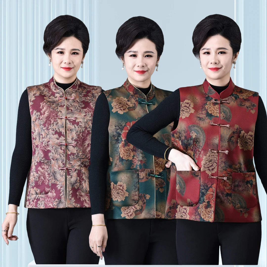 妈妈新款国风盘扣马甲背心春秋装坎肩老年人外套奶奶春秋中式上衣