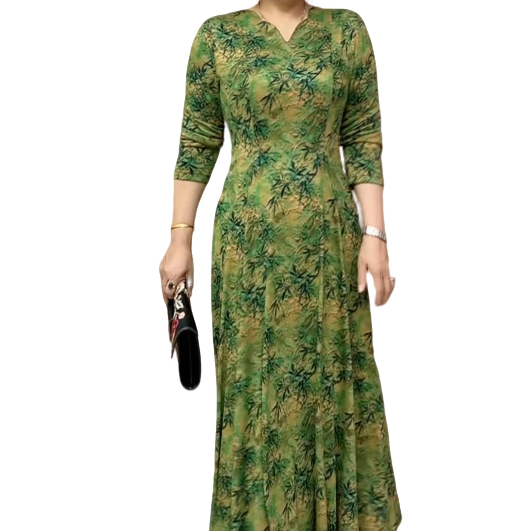 秋冬款印花修身显瘦气质大码过膝妈妈装长袖大摆连衣裙