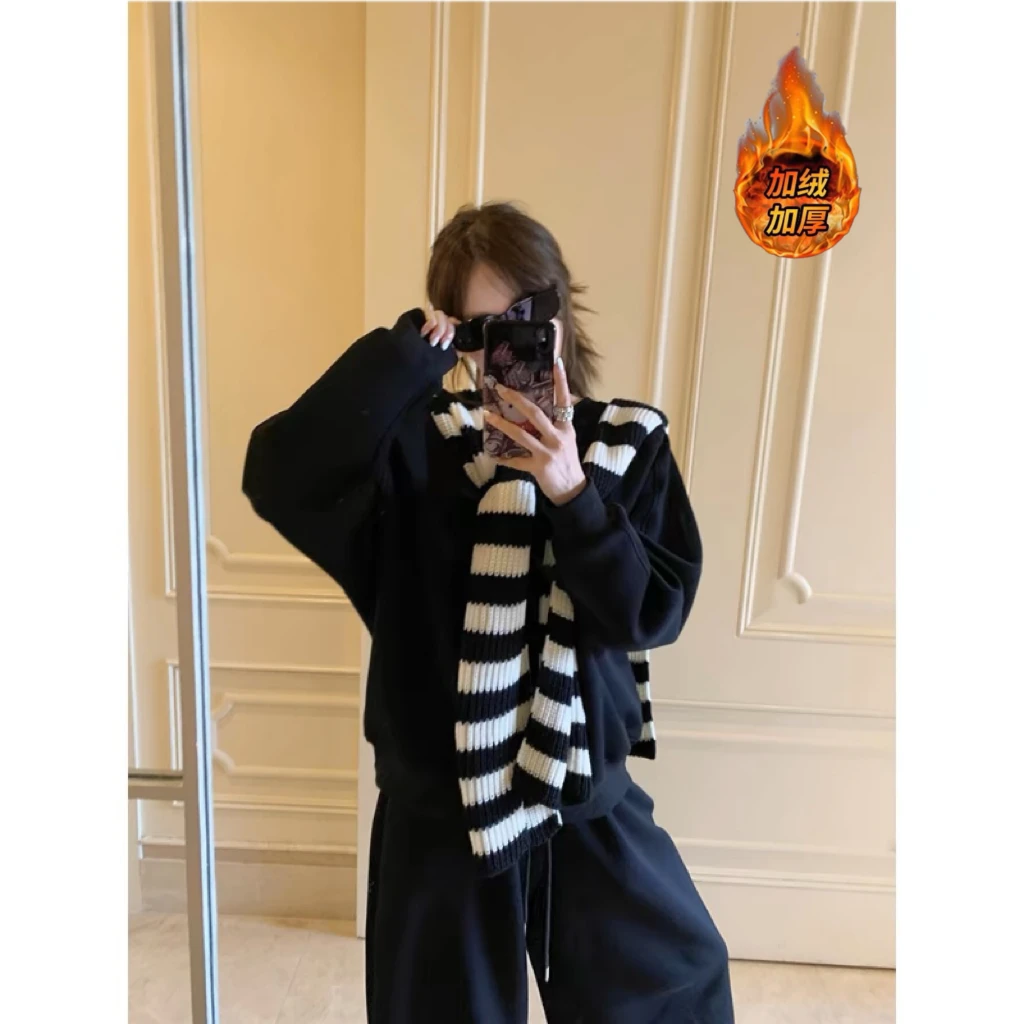 加绒加厚圆领无帽卫衣女年新款宽松显瘦长袖上衣披肩阔腿裤3件套