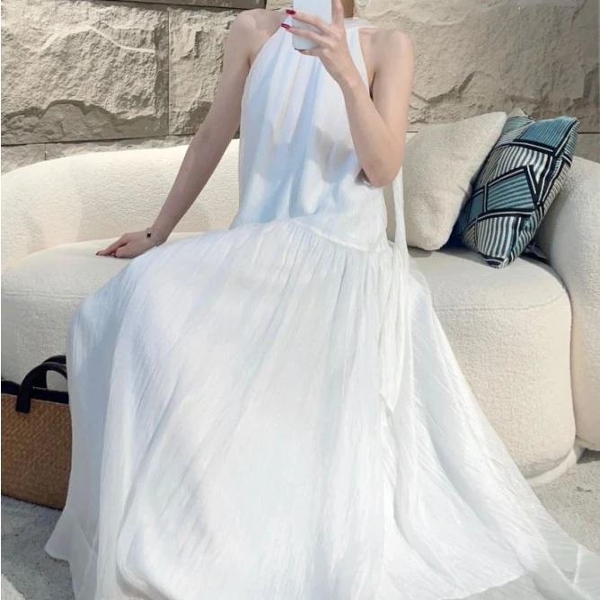 沐慕MUMU 法式时尚无袖露肩挂脖新款连衣裙显瘦大摆长裙子C048