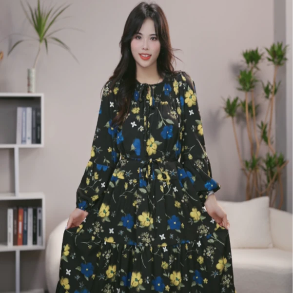 viva ‘墨韵花裳’‘韩系系带休闲风时尚V领宽松高腰连衣裙夏季8041