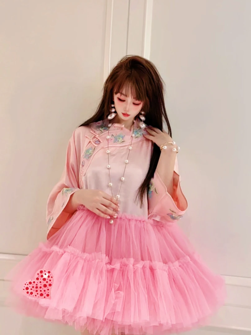 0046【熙妮潮牌】潮牌设计师私人定制新中式国风刺绣外套拼纱裙甜美