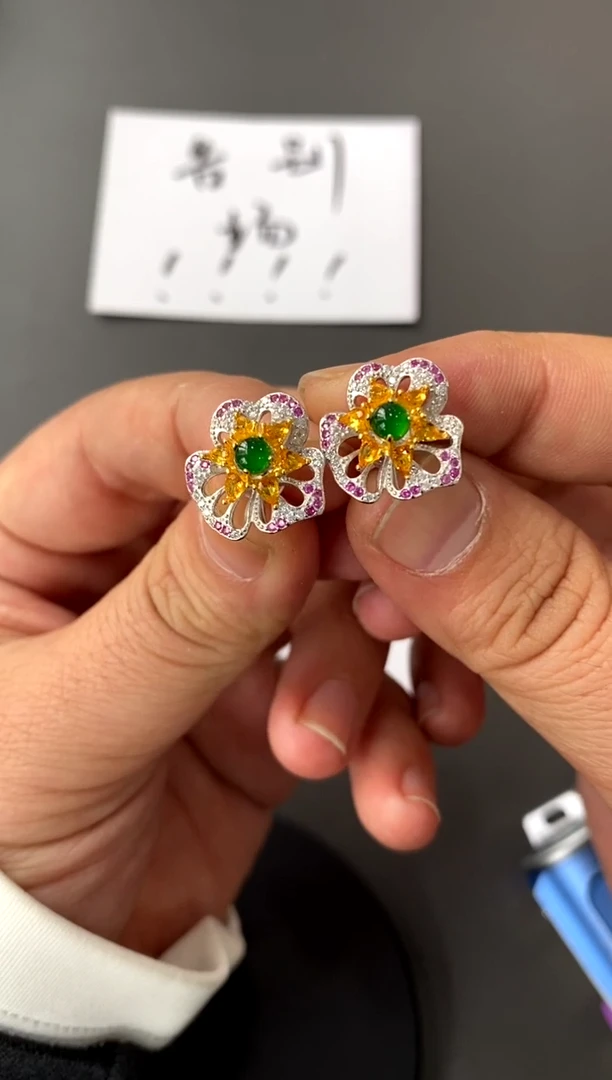 【闪购商品】翡翠耳饰银S925镀金镶嵌买断价 补