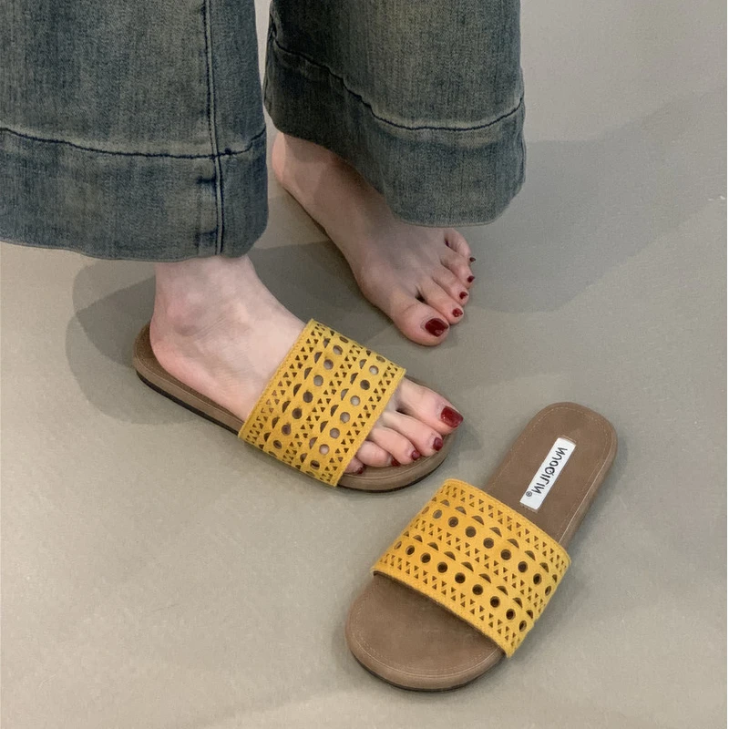 韩菲NQL-3055-10一字凉拖2025年复古编织镂空露趾外穿凉拖鞋女鞋