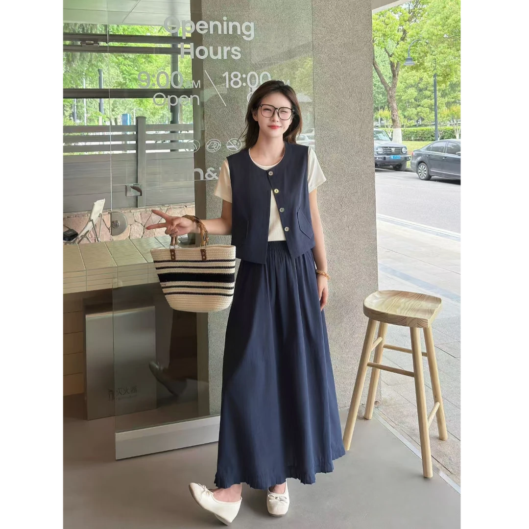 夏季新款气质时尚圆领纯色短袖洋气减龄马甲纯色半身裙三件套