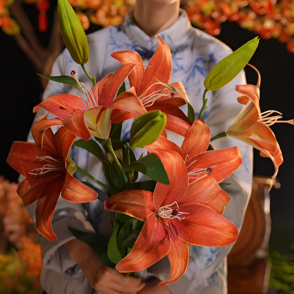 复古百合 焦糖色 橙色手感百合 客厅花 大支 简约风 仿真花 假花