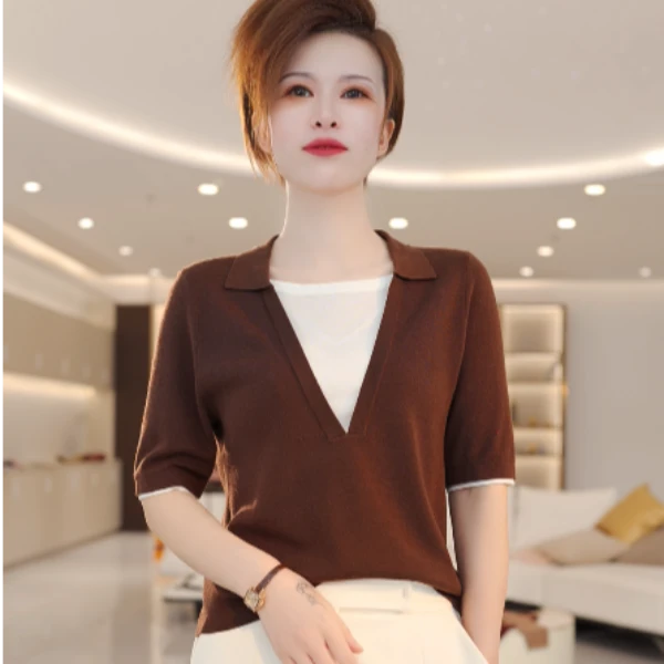 【啦啦精选】设计感高级气质显瘦休闲假两件撞色针织衫