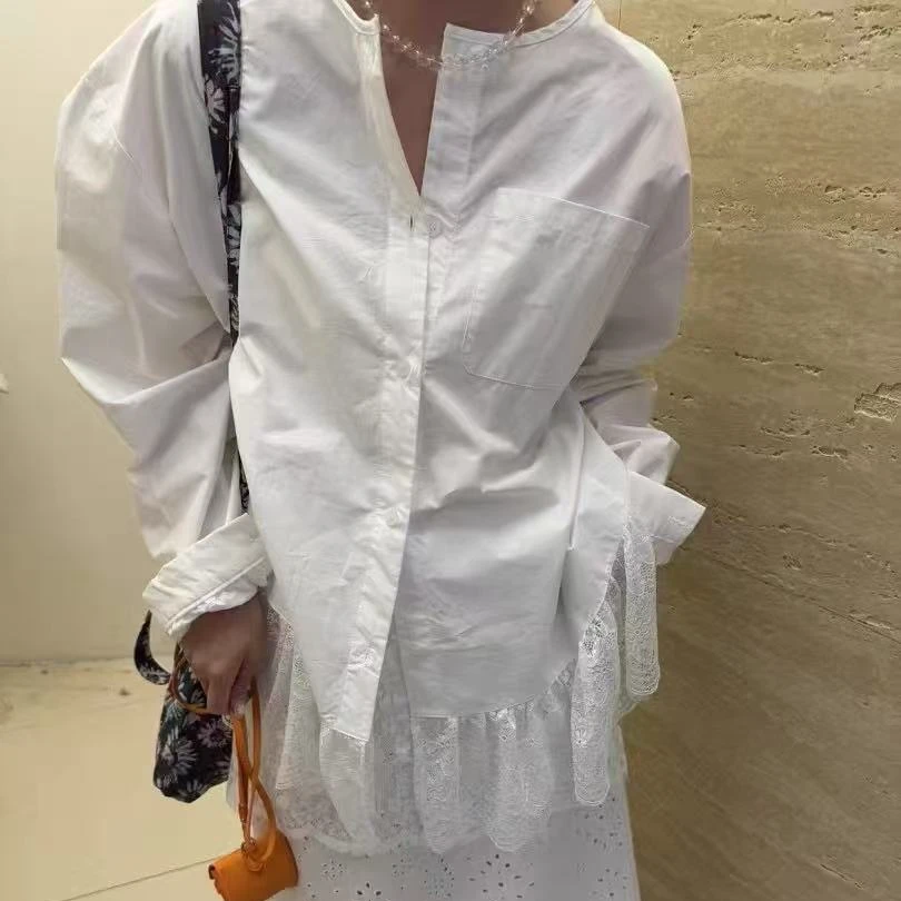 2556•CS# 蕾丝衬衫 东大门欧尼慵懒感蕾丝下摆衬衫•