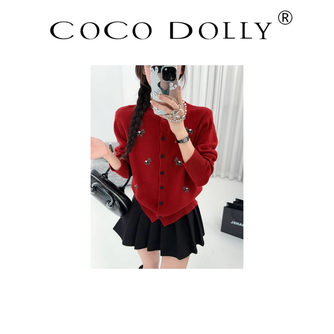 COCO DOLLY韩系秋冬爆款圆领开衫小马刺绣针织百搭开衫外套3130