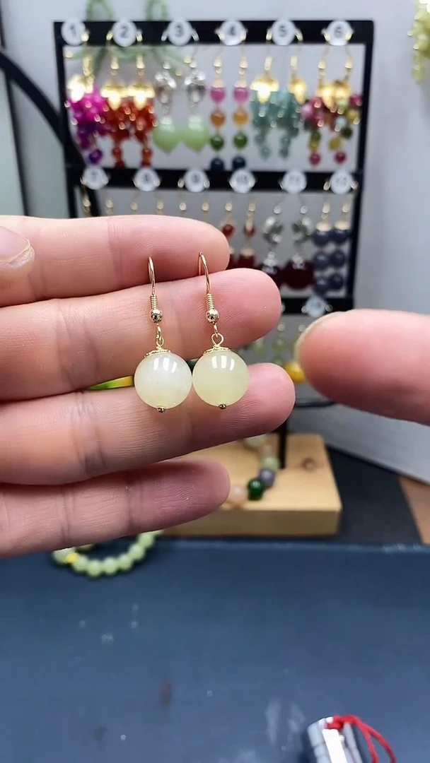 和田玉银S925镀金镶嵌耳饰尺寸12mmC3