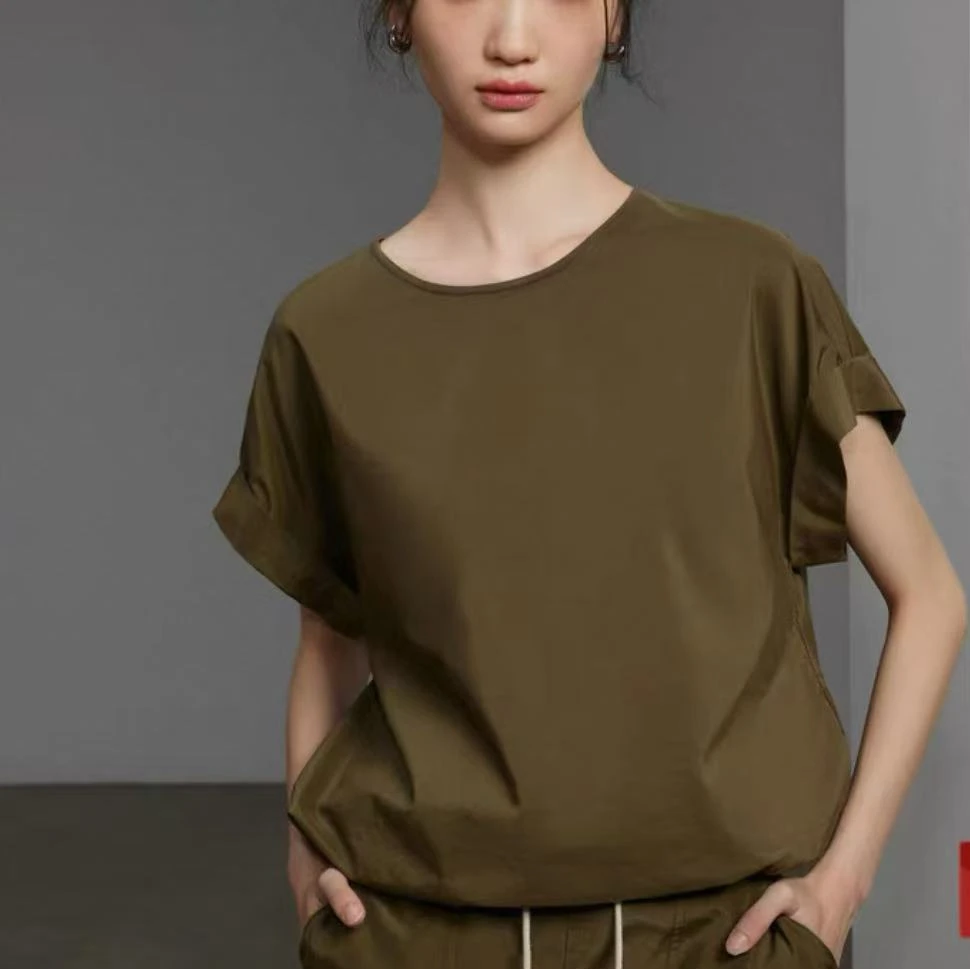 253090-ER 圆领休闲宽松短袖夏女丝棉混纺箱型短款抽绳T恤
