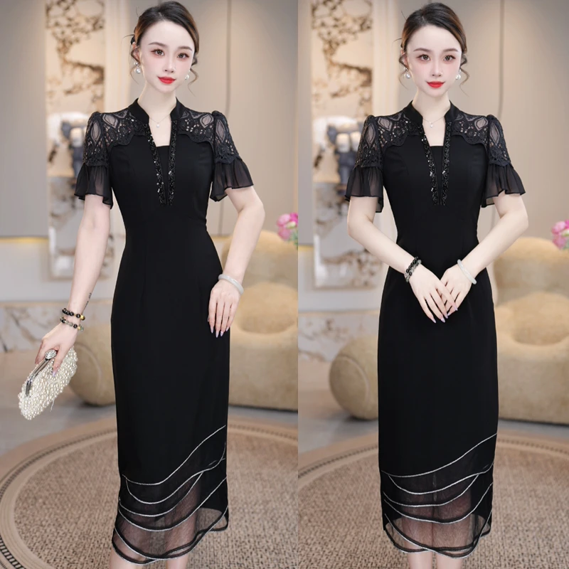 【墨色幽碟】2025夏季新款收腰显瘦洋气减龄轻奢女人味黑色连衣裙