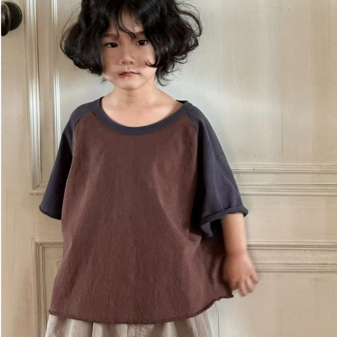 【歪歪妞童装】2412儿童日系撞色圆领T恤男女童极简棉麻短袖套头衫