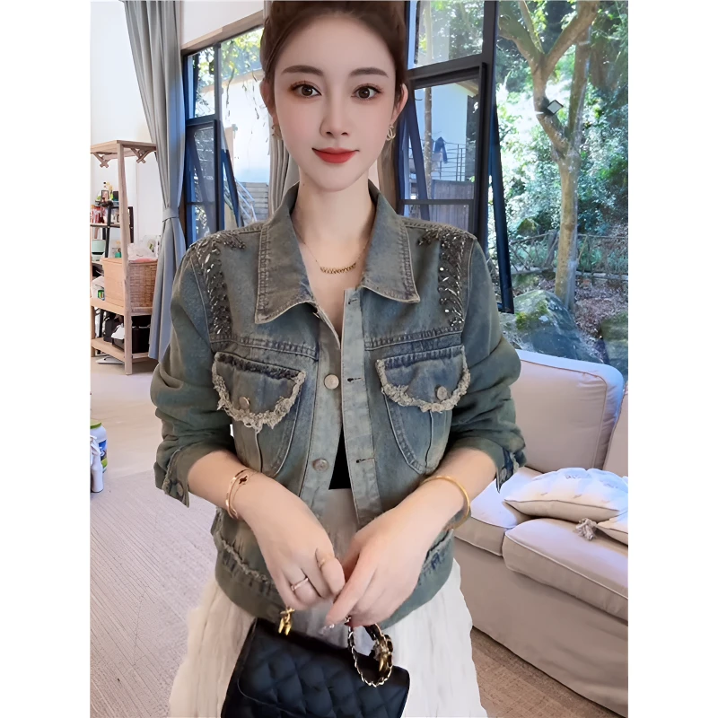 港风重工钉珠毛边牛仔外套女2025秋季高级感复古时尚休闲短款夹克