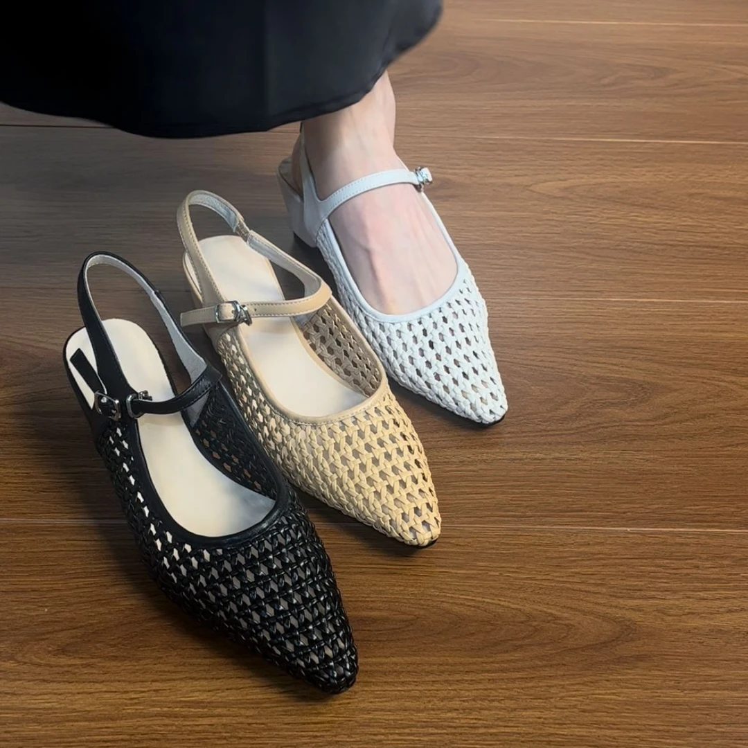 5CM牛皮尖头一字带包头凉鞋2025年春夏新款气质镂空浅口后空单鞋