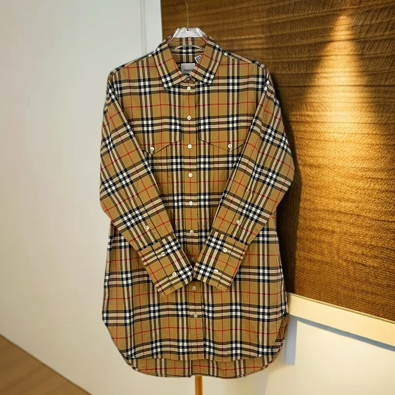 99新 BURBERRY/博柏利 衬衫/经典格纹翻领中长款/UK6码/0001856