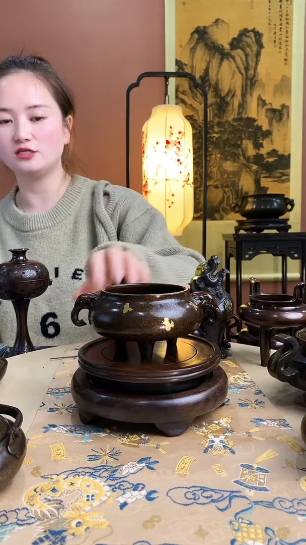 苏工黄铜点金象耳三组线香炉8