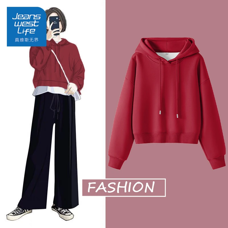 真维斯无界奥粒绒连帽红色卫衣女生长袖休闲百搭打底秋冬加绒2025