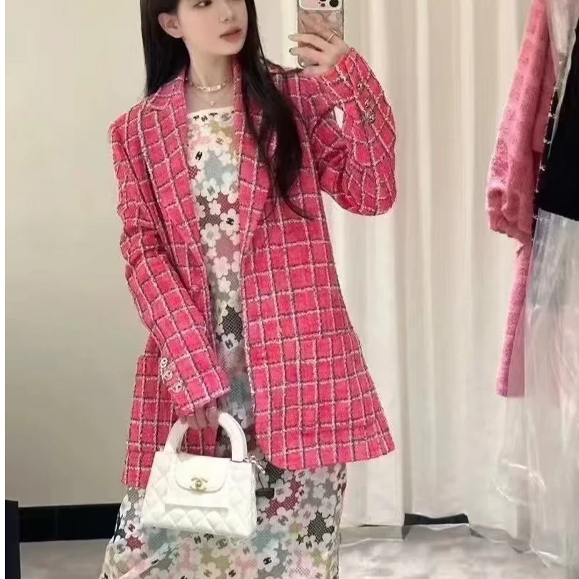 99新 Chanel/香奈儿 40码 24P粉色拼蓝白格纹翻领外套，