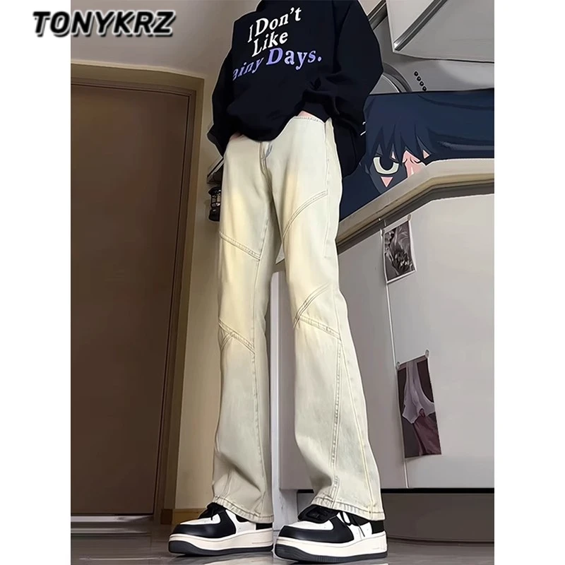 TONYKRZ拼接黄泥色牛仔裤男美式高街vibe裤子提档版型微喇直筒裤