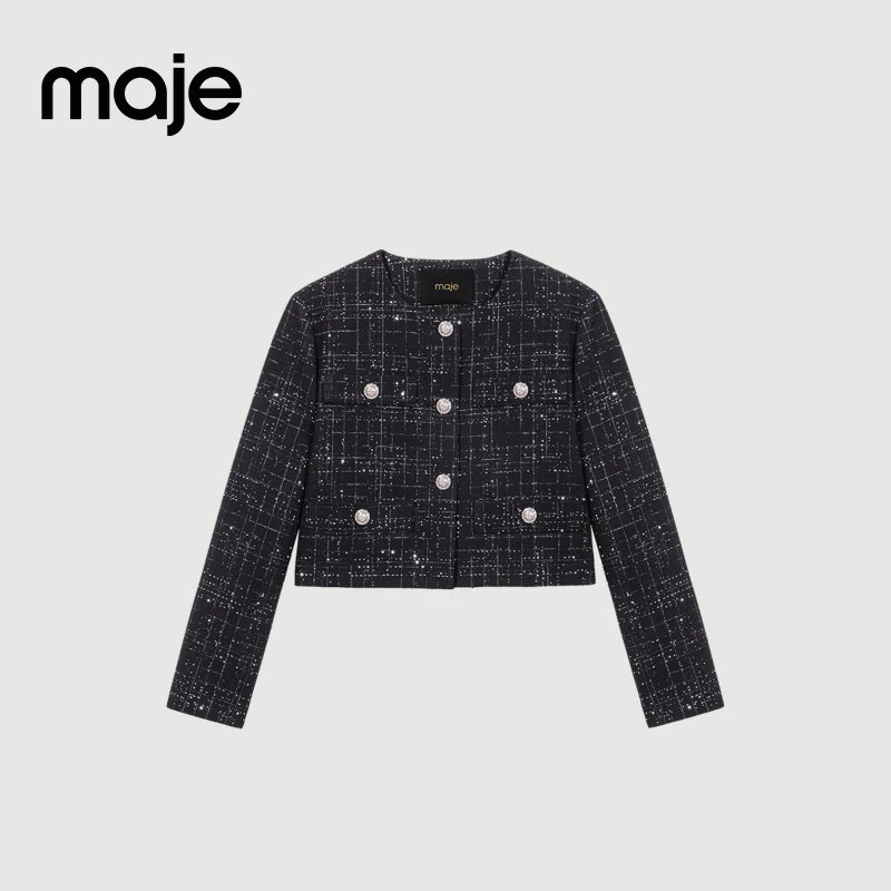 暖系穿搭|Maje新款女装黑色短款长袖亮片花呢外套MFPVE00634