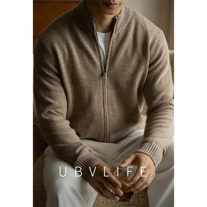 重磅100%纯羊毛保暖拉链针织开衫男士2025冬季老钱风罗纹毛衣外套