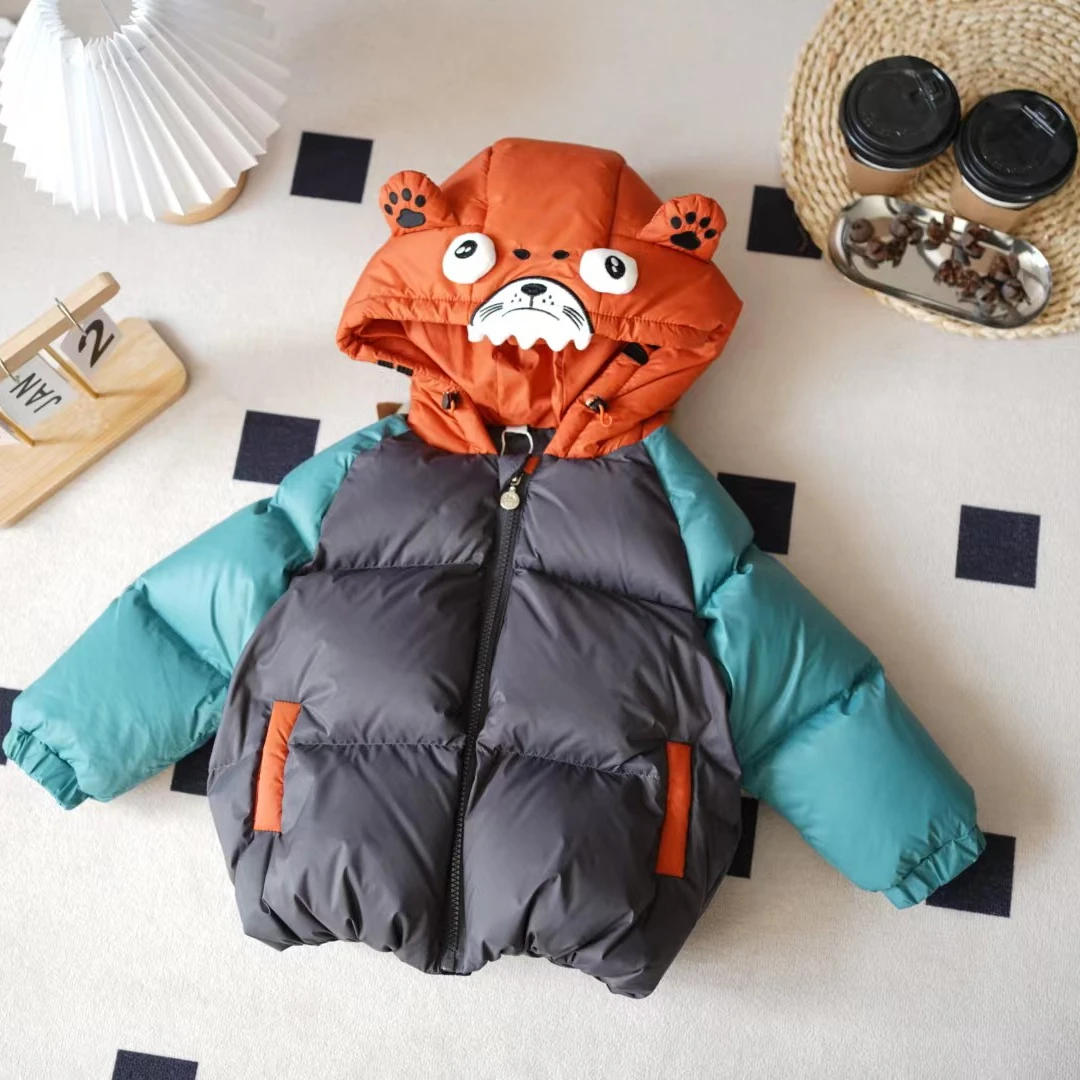 儿童冬季韩版撞色卡通连帽小老虎羽绒服SQ1545
