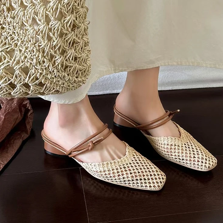 TTY-633-2法式复古编织两穿包头拖鞋2025年气质镂空粗跟后空单鞋