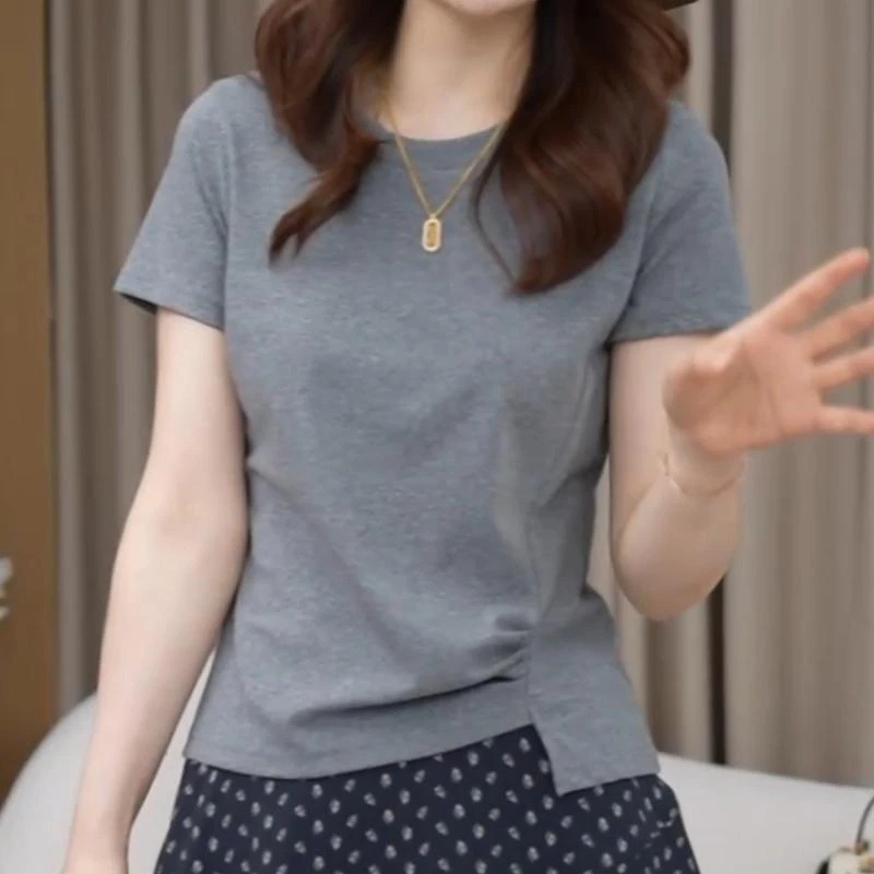 下摆褶皱设计财阀千金女装上衣2025年夏季新款修身显瘦短袖体恤衫