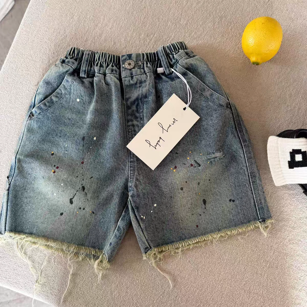 儿童短裤2025眯眯眼夏季新品男女童韩版泼点牛仔短裤宝宝毛边短裤