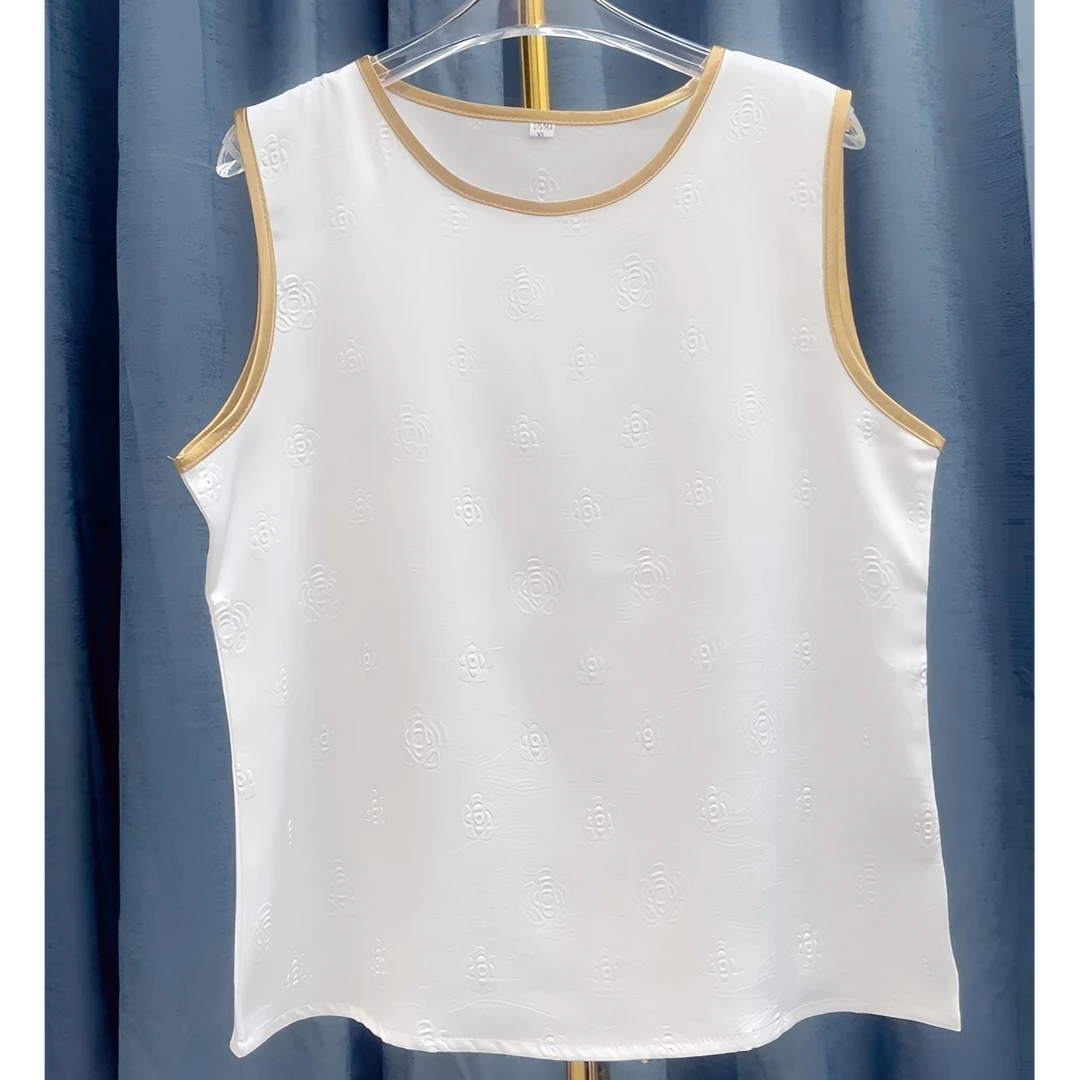 2025夏季女款显瘦百搭圆领钢印压花金边纯色宽松无袖背心上衣