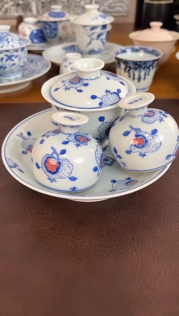 照夜白青花加釉下红多子多福4件套