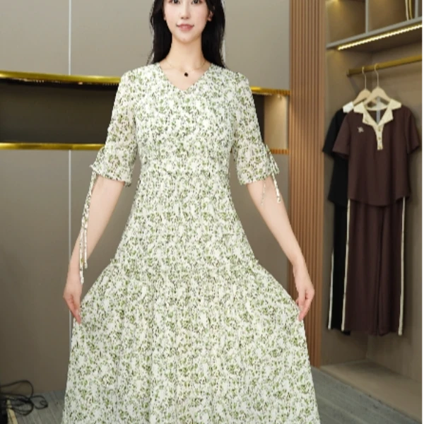【762-H】2025夏季新款收腰显瘦中长款女装连衣裙