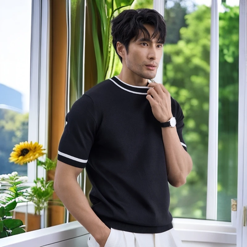 娜罗普西休闲百搭撞色罗纹圆领短袖冰丝针织衫男士商务T恤上衣