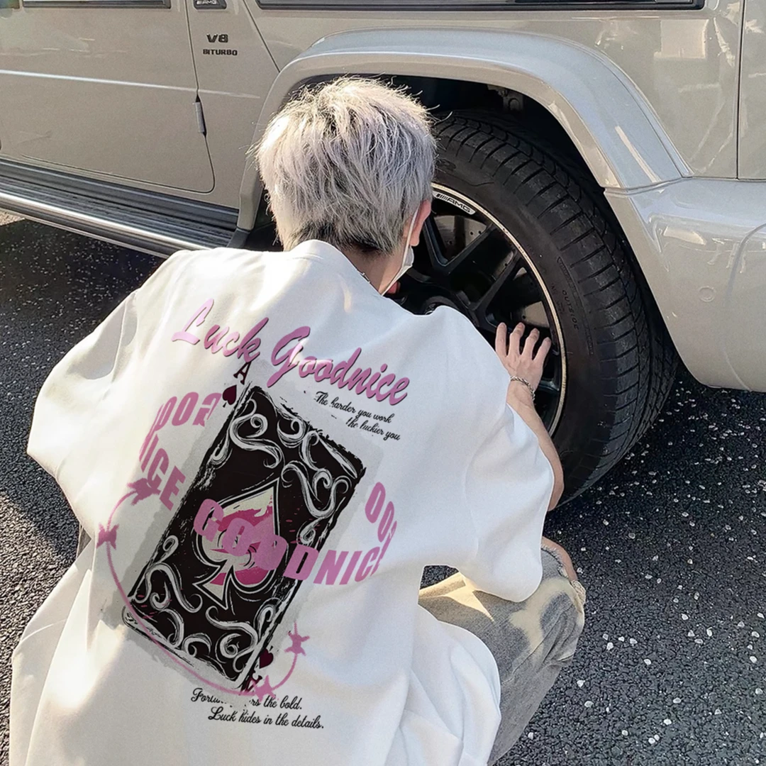 国潮高街扑克印花短袖t恤男夏季情侣设计感小众纯棉潮牌宽松上衣